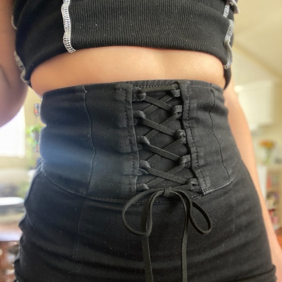EXPRESS corset lace up mini denim skirt. Black, stretch denim, super high waist. - Picture 3 of 8